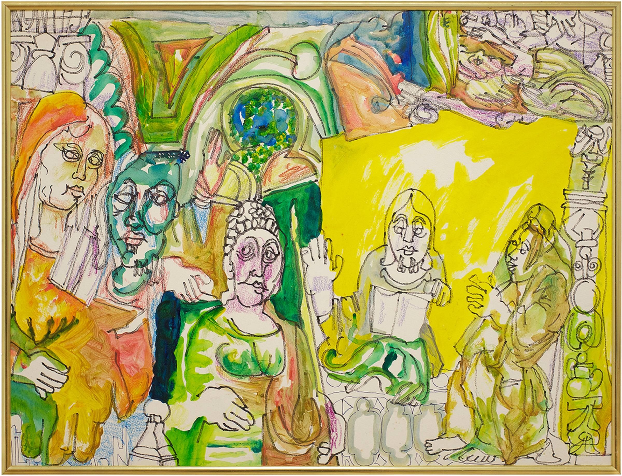 Paul Shimon Figurative Art - Women Who Lunch, Psychedelic Outsider Art