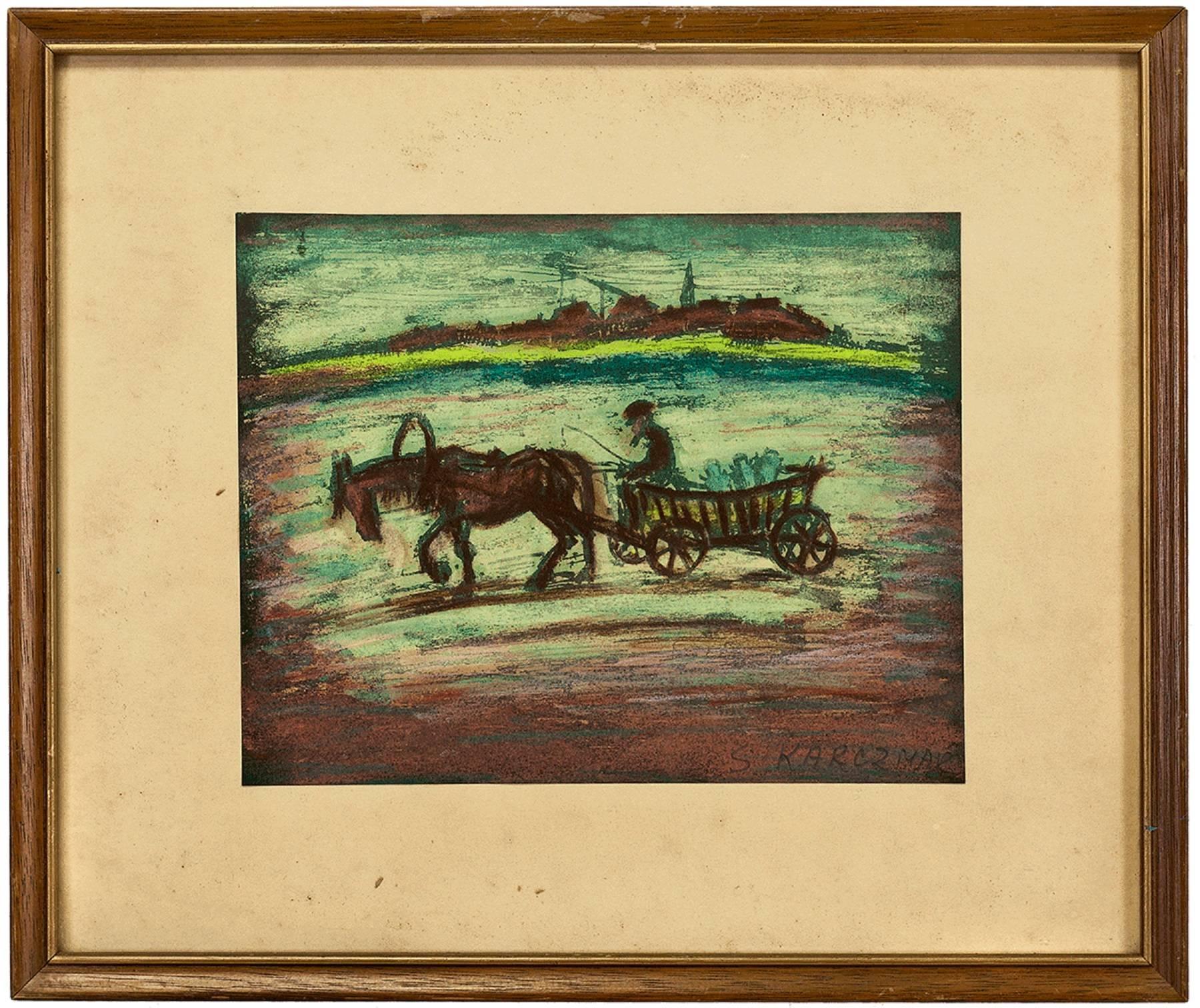 Figurative Art de Simon Natan Karczmar - Sin título, Caballo y carro Dibujo al pastel Shtetl Escena judaica Vida judía polaca