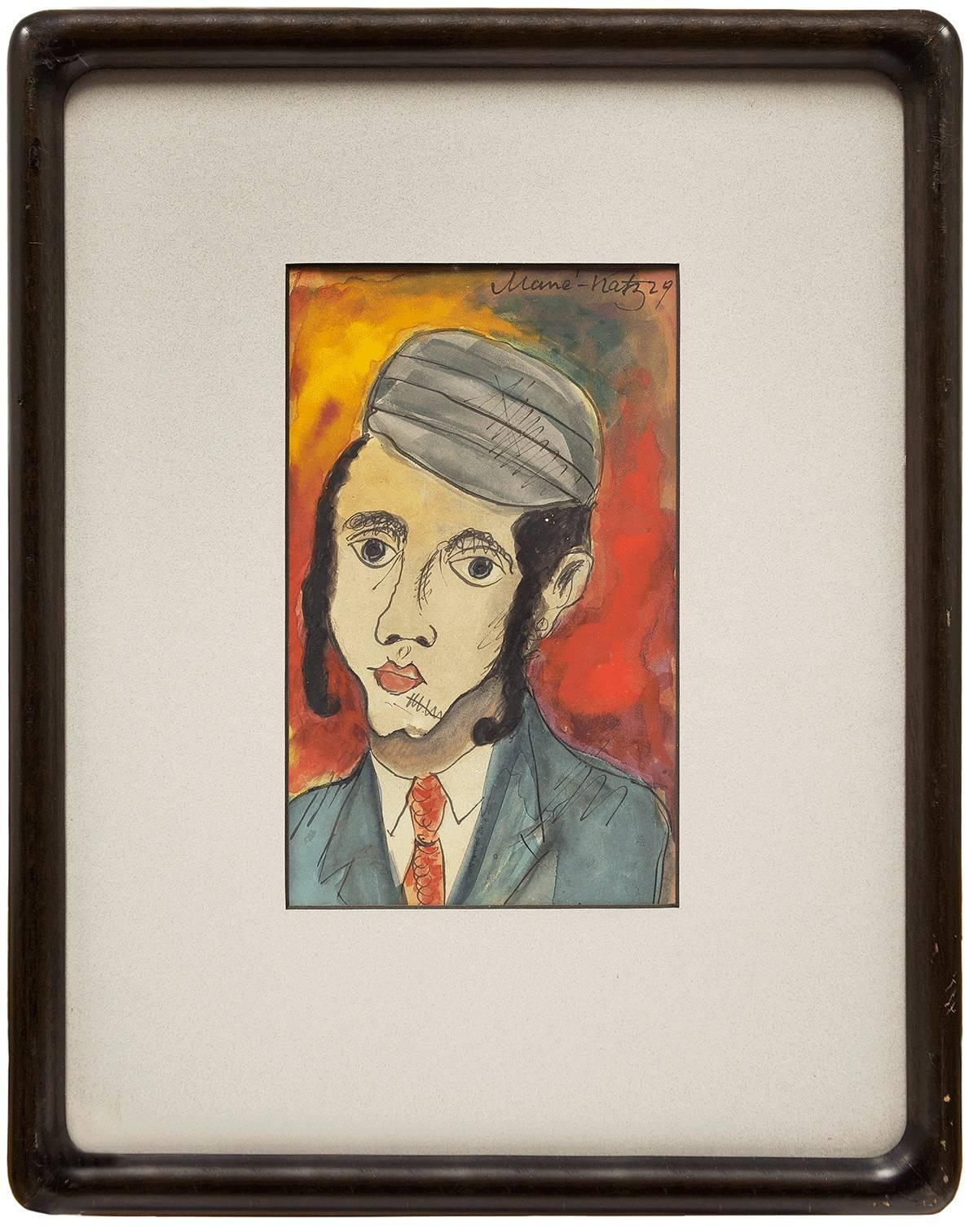 Hasidic Boy, Judaica Portrait, Ink and Watercolor - Art by Mane Katz