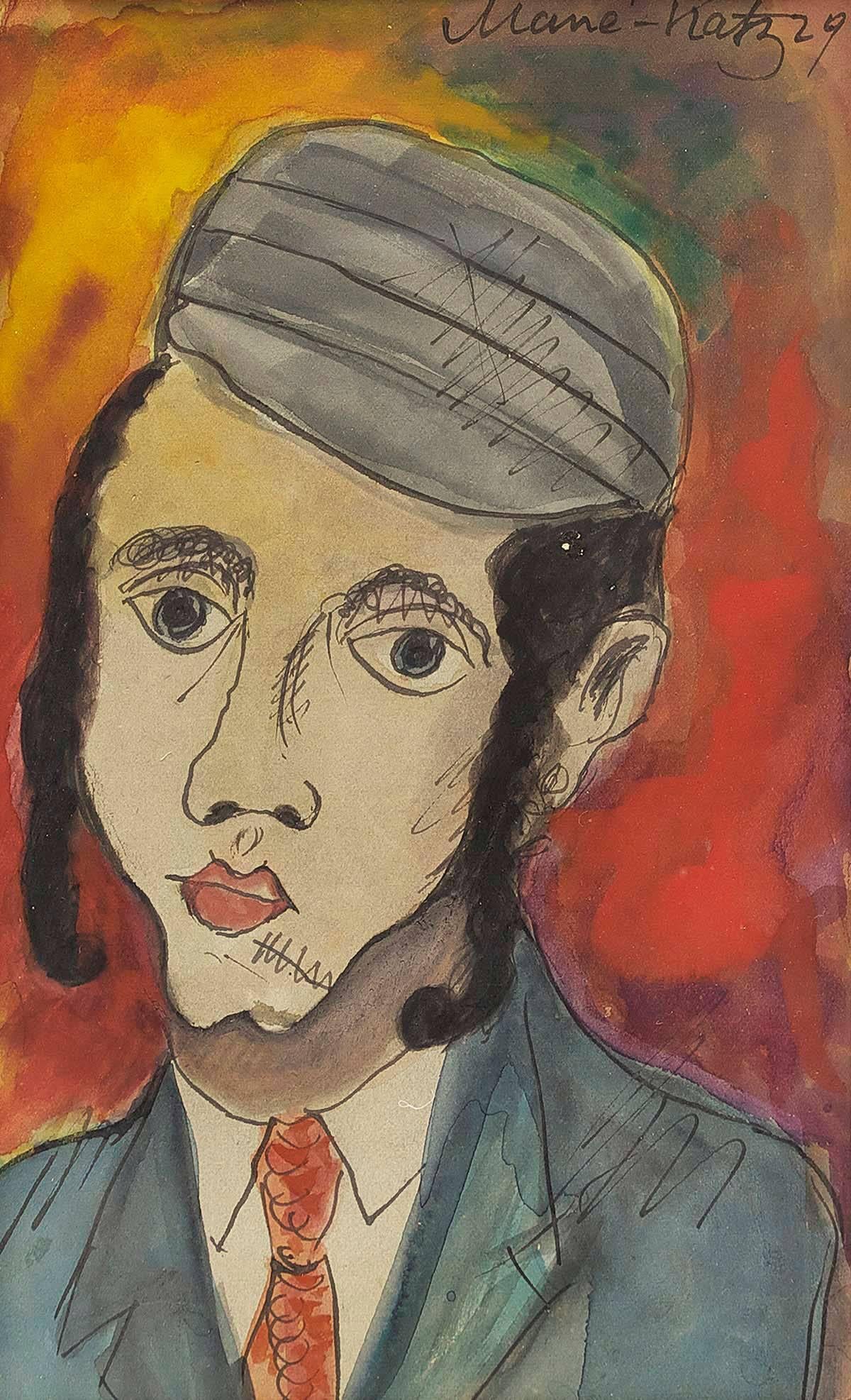 Chassidischer Junge, Judaica-Porträt, Tusche und Aquarell – Art von Mane Katz