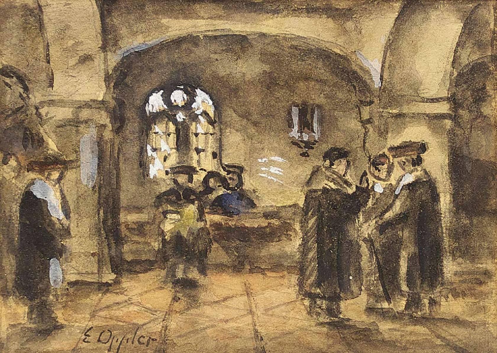 Interior of a Synagogue, Judaida Drawing, Watercolor, Gouache - Art by Ernst Oppler