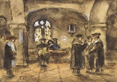 Interior of a Synagogue, Judaida Drawing, Watercolor, Gouache