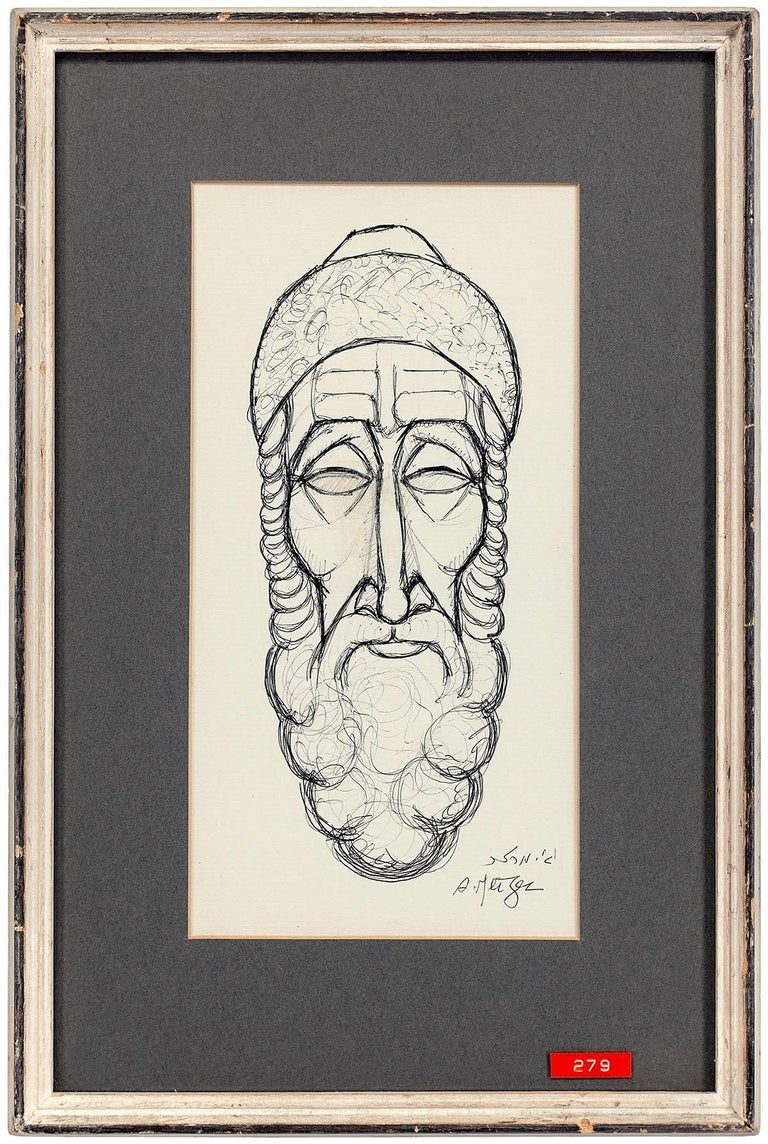 Arieh Merzer Figurative Art - Rare Judaica Drawing Sephardic Rabbi Gentleman, Palestine
