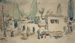 Ancienne peinture à l'aquarelle de Yishuv, Israël, artiste moderniste israélien