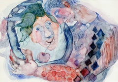 Man and Dionysus Heimrad Prem German Expressionist Watercolor Painting Art Brut