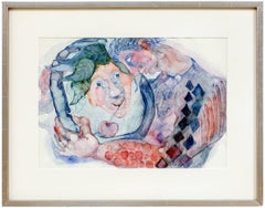 Man and Dionysus Heimrad Prem German Expressionist Watercolor Painting Art Brut