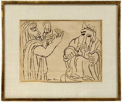 Biblical Scene, (2 Jewish Men) 1930s Modernist Ink Drawing