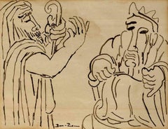 Biblical Scene, (2 Jewish Men) 1930s Modernist Ink Drawing
