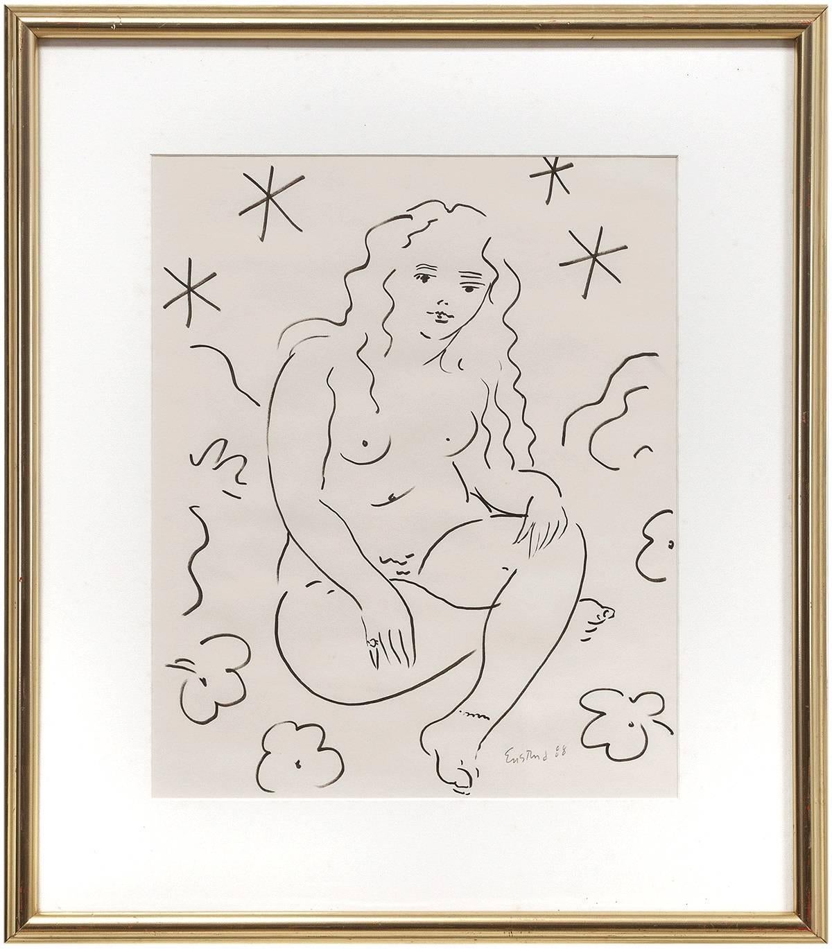 Sitting Nude, Drawing in Ink - Art by Wayne Ensrud