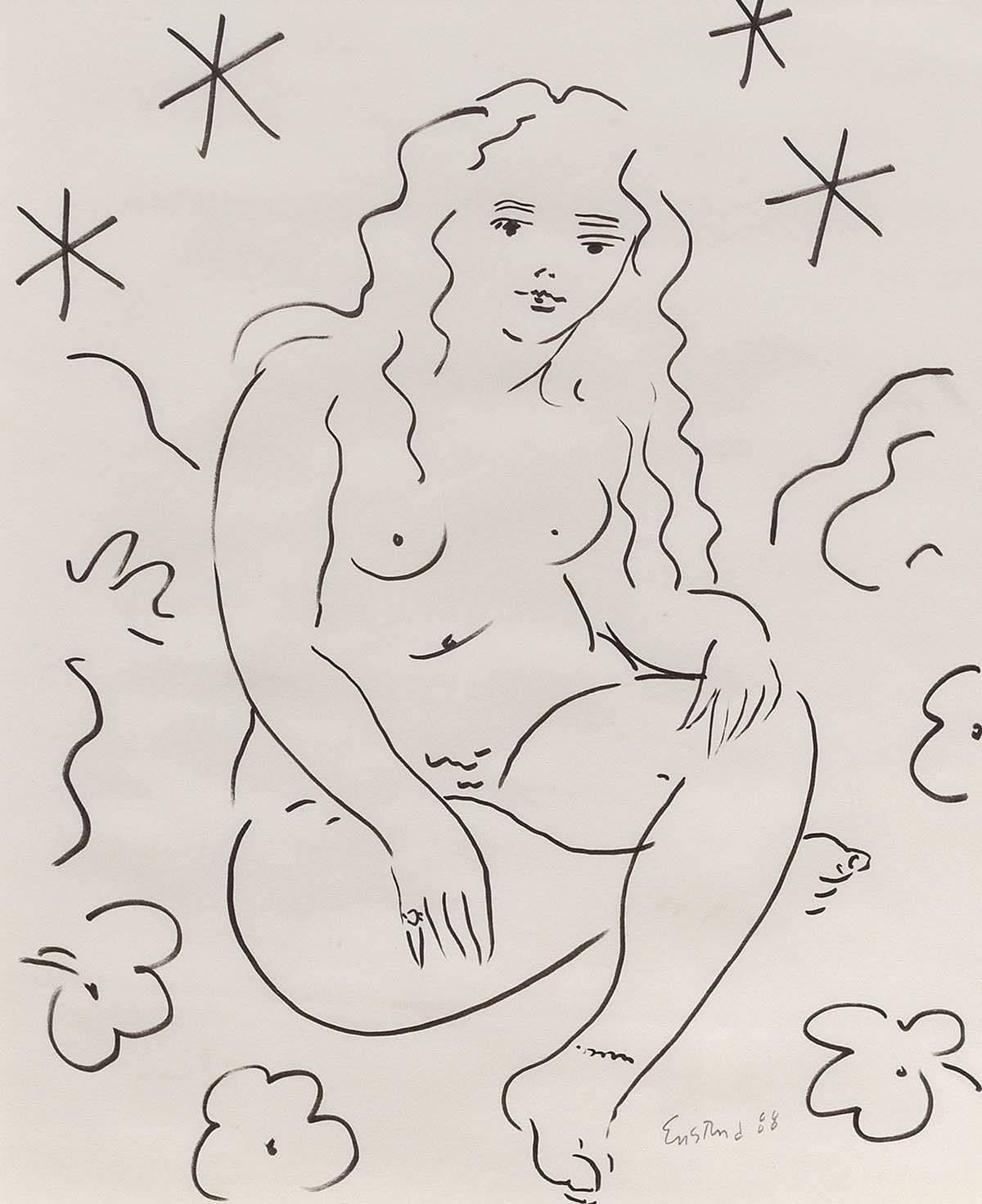 Sitting Nude, Drawing in Ink - Modern Art by Wayne Ensrud