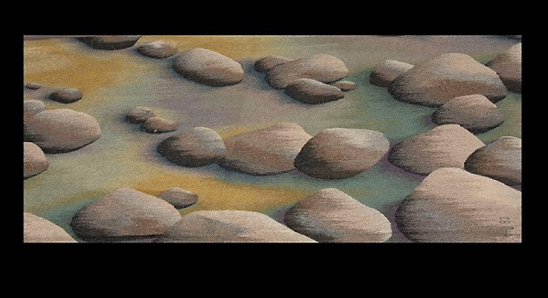 Großer handgewebter Wandteppich aus Wolle „Boulders II“ mit Flusssteinen – Art von Julia Mitchell