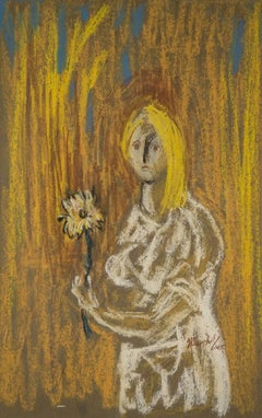 1945 Dibujo al pastel Niña con flor Modernista americano