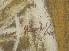 1945 Disegno a pastello Ragazza con fiore Modernista americano