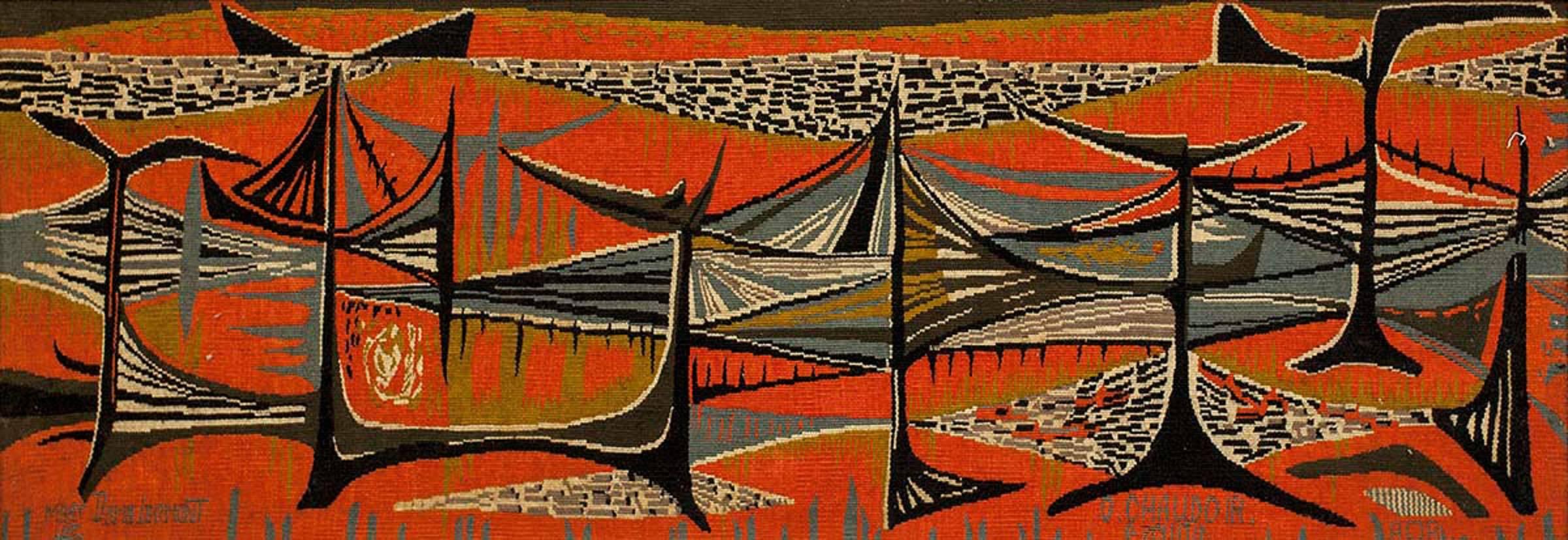 This is a Mary Dambiermont (Belgian, 1932-1983) tapestry.
Woven at Ateliers Chaudoir et marque de Bruxelles