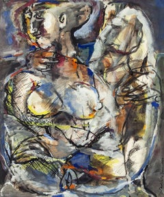 Maestro modernista indio "Dos figuras" Técnica mixta Acuarela Gouache Pintura