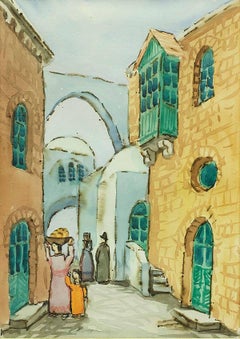 Israeli Modernist Old City Jerusalem Landscape Folk Art Watercolor Painting
