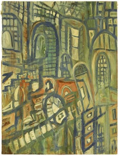 Abstract Expressionist Streets of Jerusalem Israeli Painting 1950