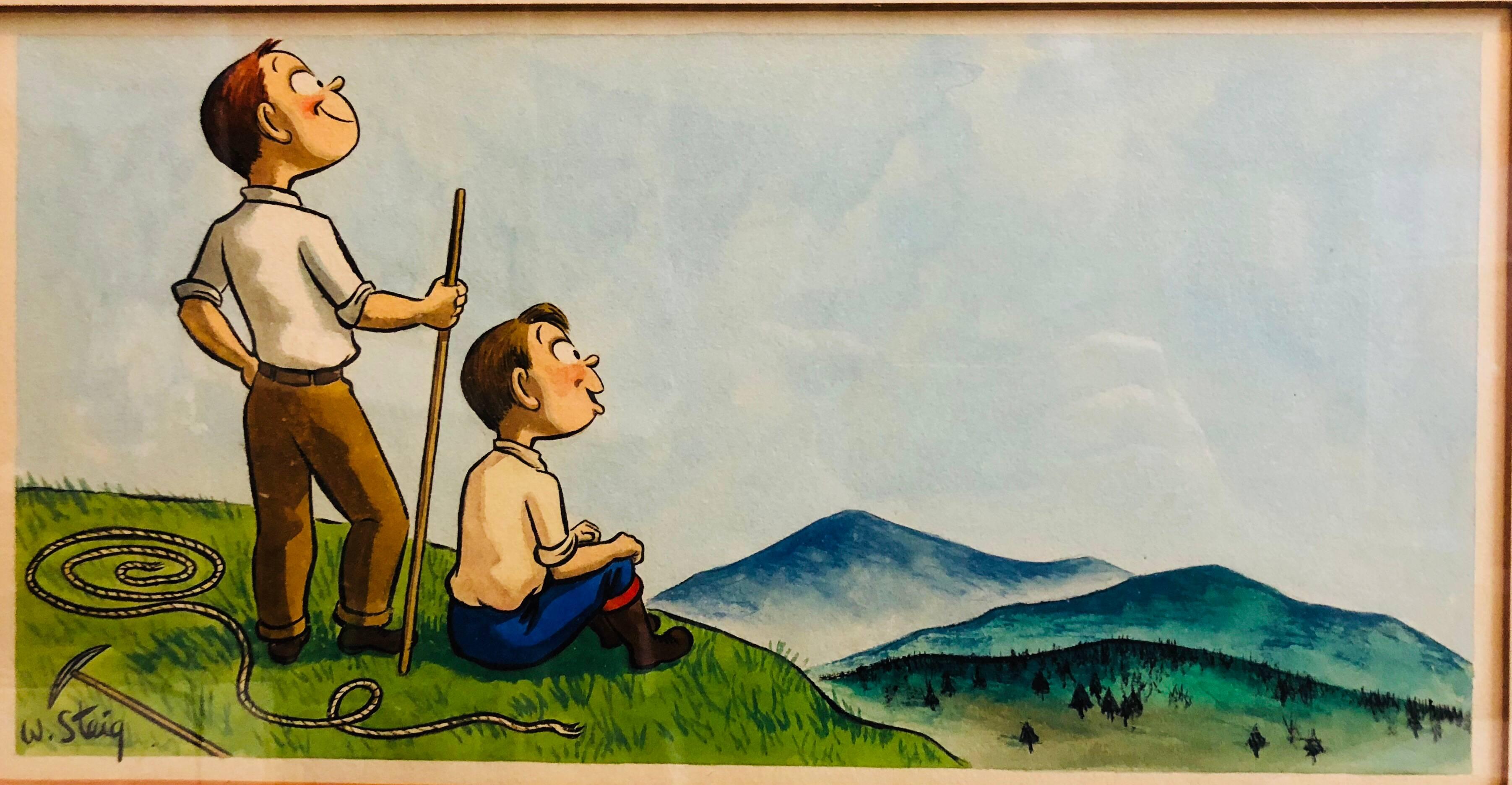 William Steig (b.1907) Figurative Art - Whimsical Illustration Hiking Cartoon, 1938 Mt Tremblant Ski Lodge William Steig