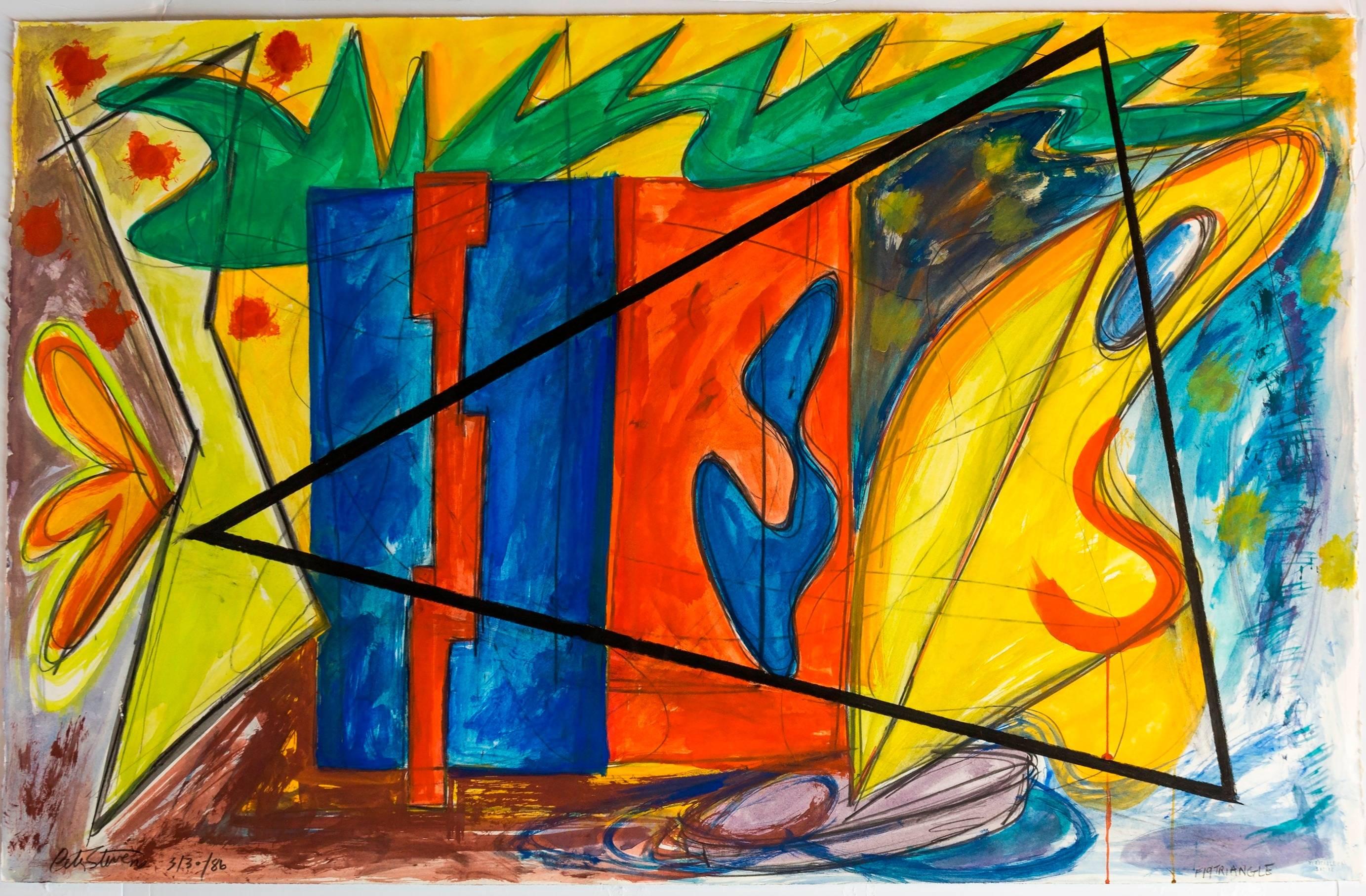 Peter Stevens Abstract Painting – Große lebhafte dynamische Zeichnung/Malerei Memphis Milano-Ära, 80er Jahre