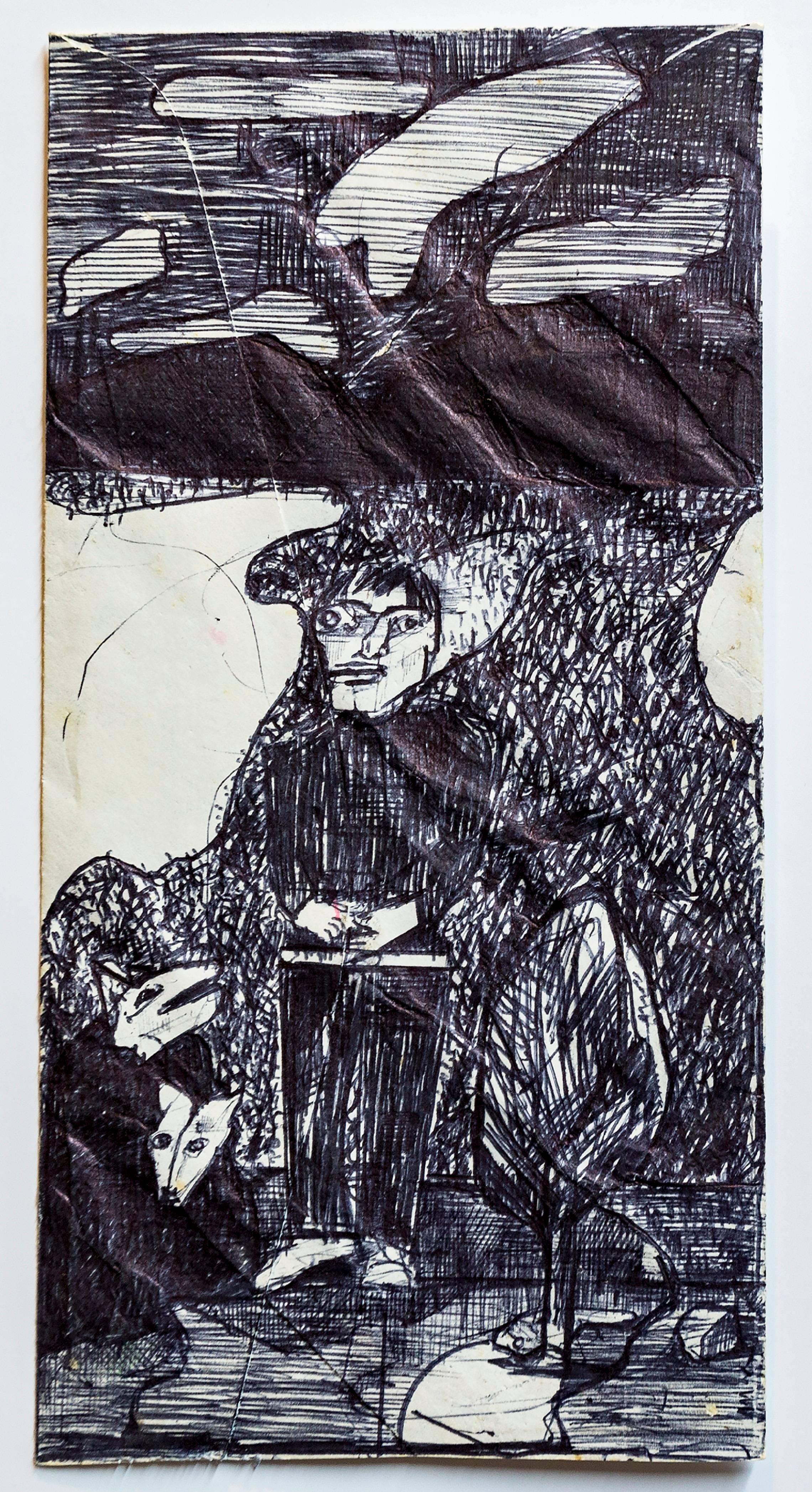 Standing figure, 1992 Ballpoint Ink Drawing on an Envelope (Phone Bill) - Mixed Media Art by Marc Baseman