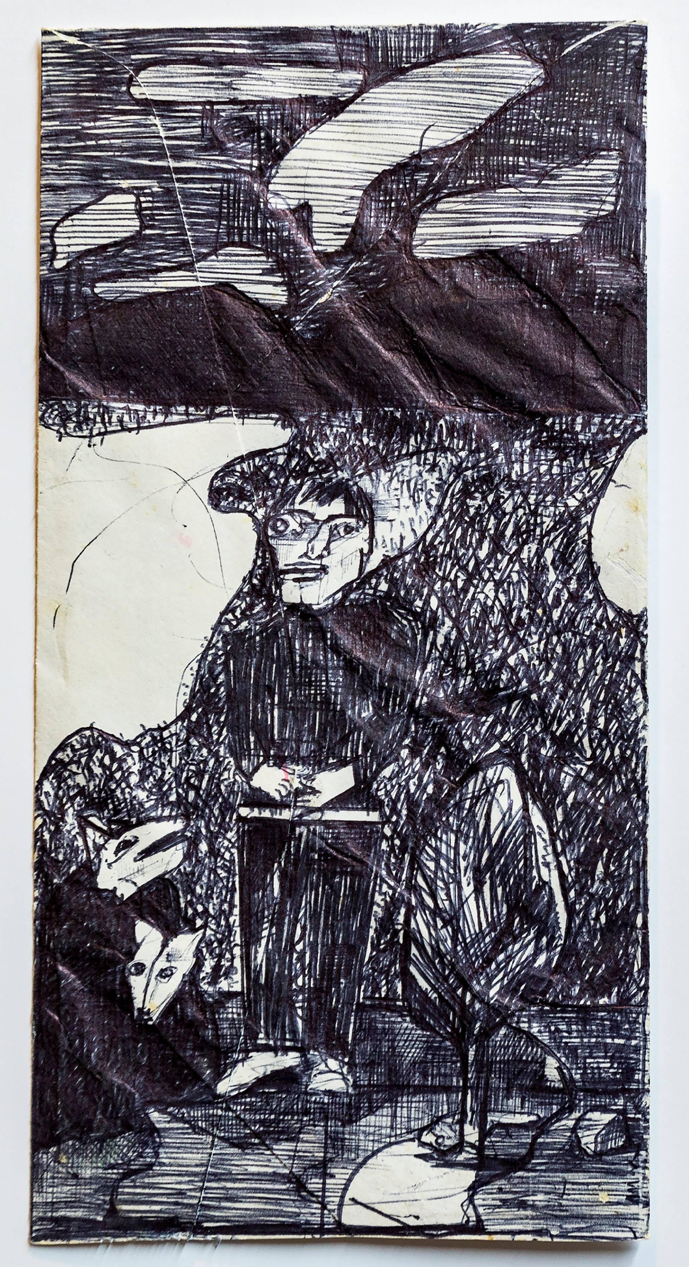 Figura in piedi, 1992 Disegno a penna su busta (bolletta telefonica) - Mixed Media Art di Marc Baseman