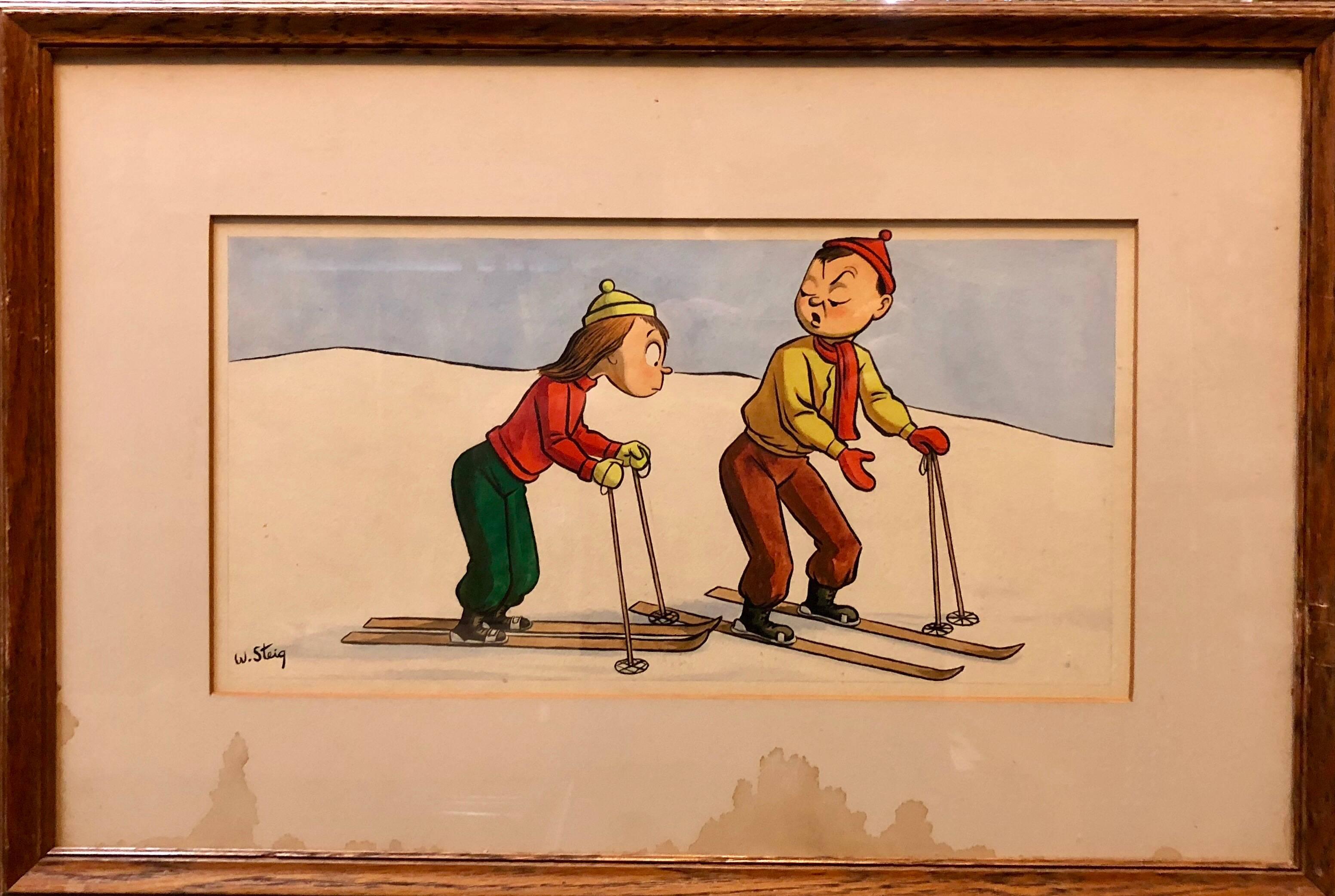 Cartoon de ski fantaisiste, 1938, Mt Tremblant Ski Lodge, William Steig - Naturalisme Art par William Steig (b.1907)