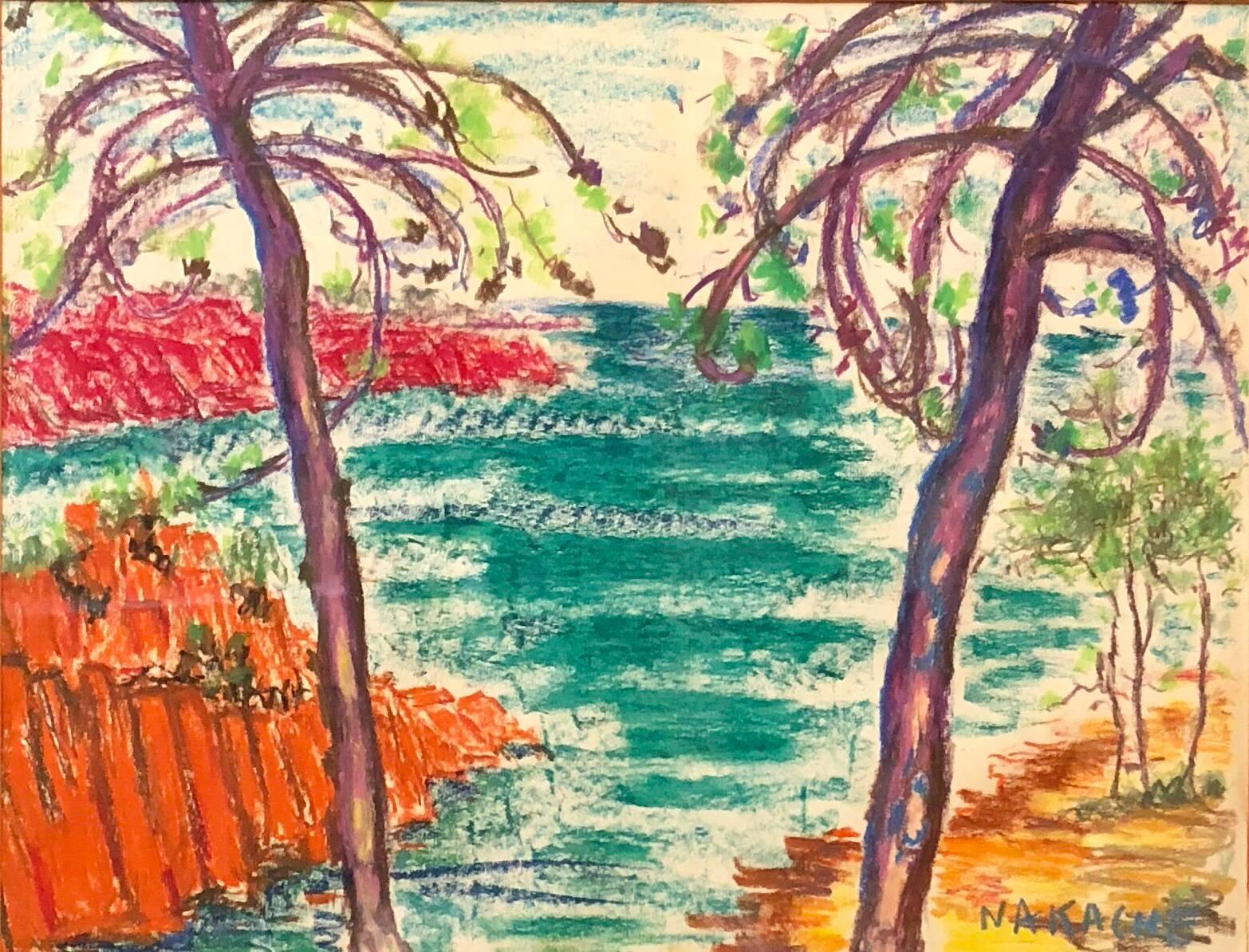 Armand-Henri Nakache Landscape Art – Französische lebhafte, farbenfrohe, expressionistische Strandszene, Ölpastell-Zeichnung 