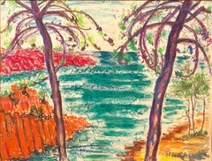 Vintage Algerian French Vibrant Colorful Expressionist Beach Scene Oil Pastel Drawing 