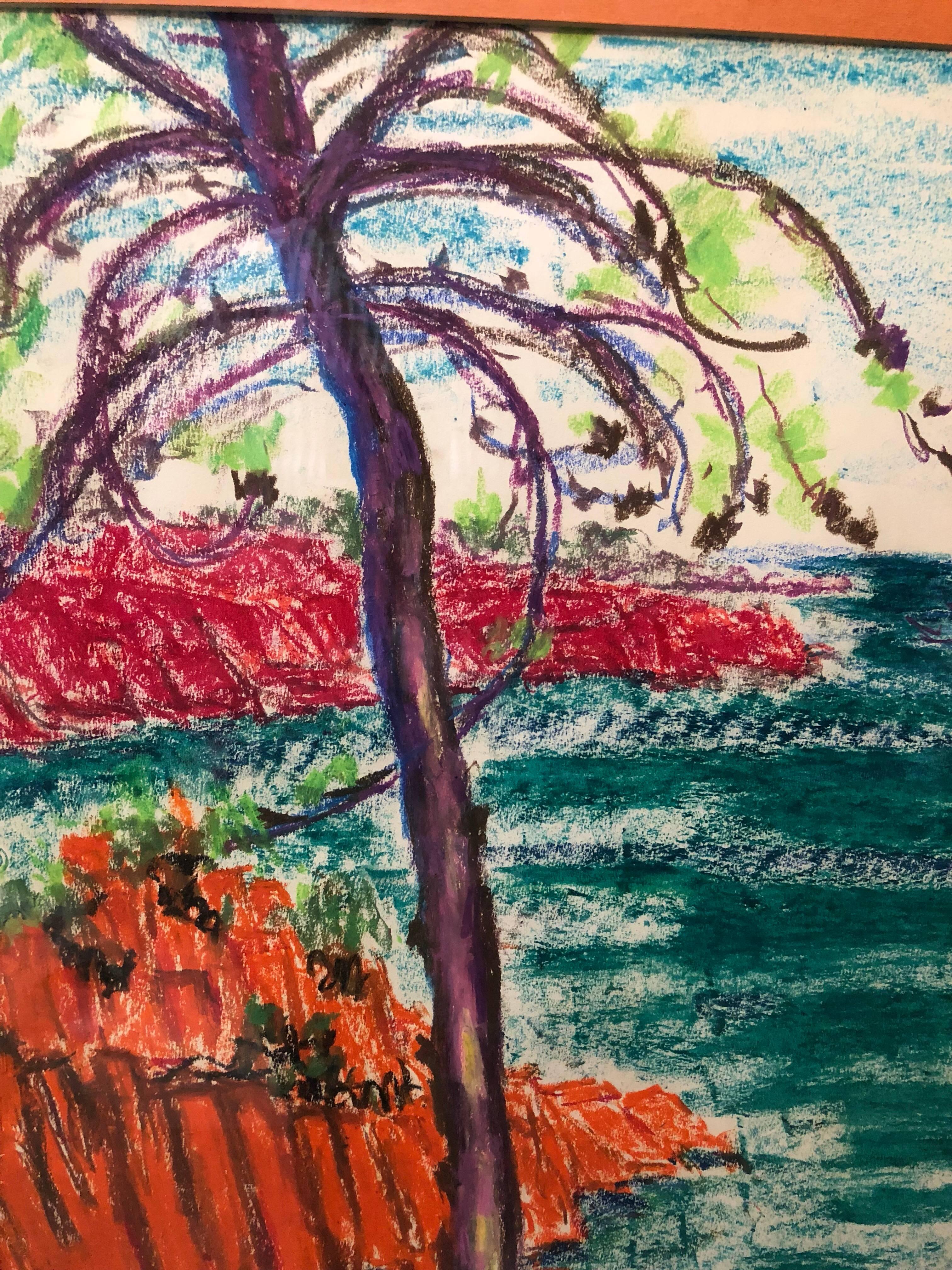 Französische lebhafte, farbenfrohe, expressionistische Strandszene, Ölpastell-Zeichnung  (Beige), Landscape Art, von Armand-Henri Nakache