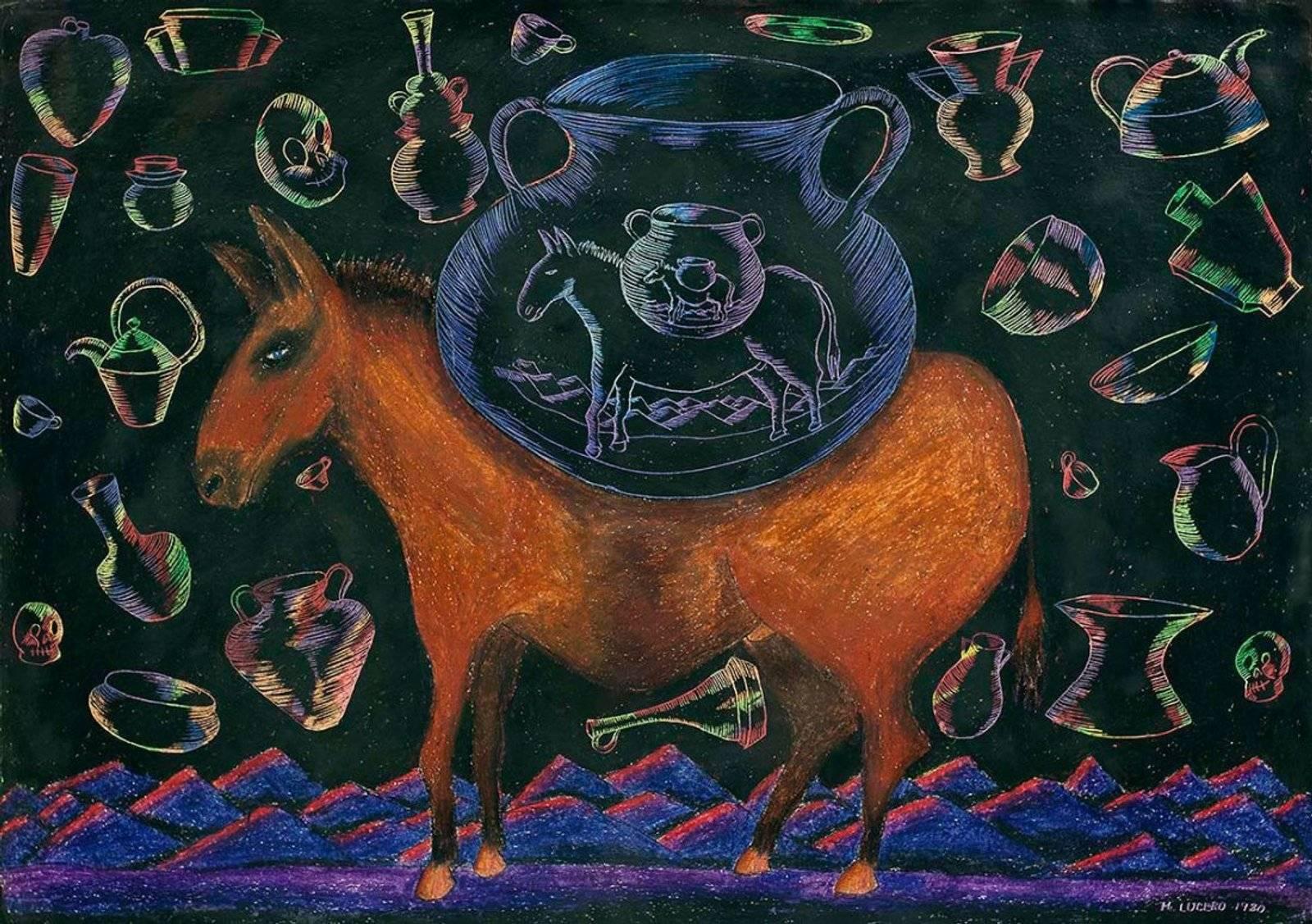 Michael Lucero Animal Art – Farbige Zeichnung mit Keramik und Pferd Pop-Volkskunst 1980er Jahre 