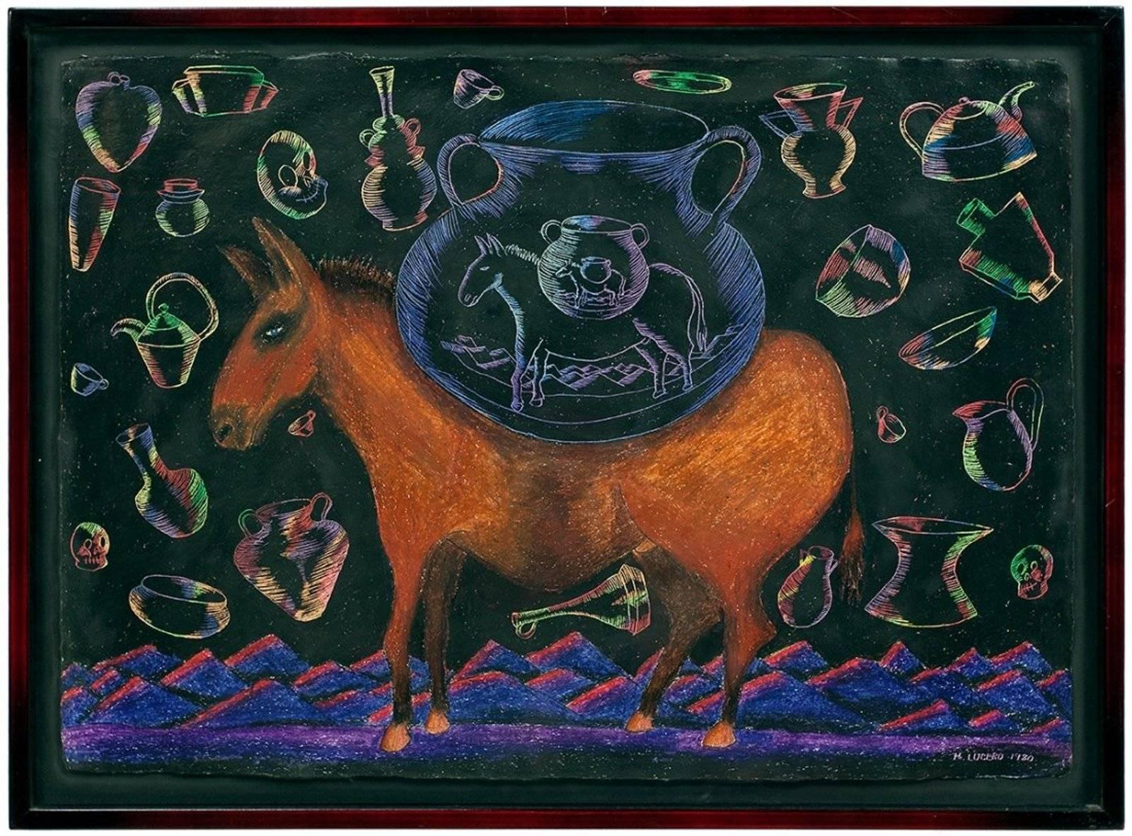 Farbige Zeichnung mit Keramik und Pferd Pop-Volkskunst 1980er Jahre  – Art von Michael Lucero