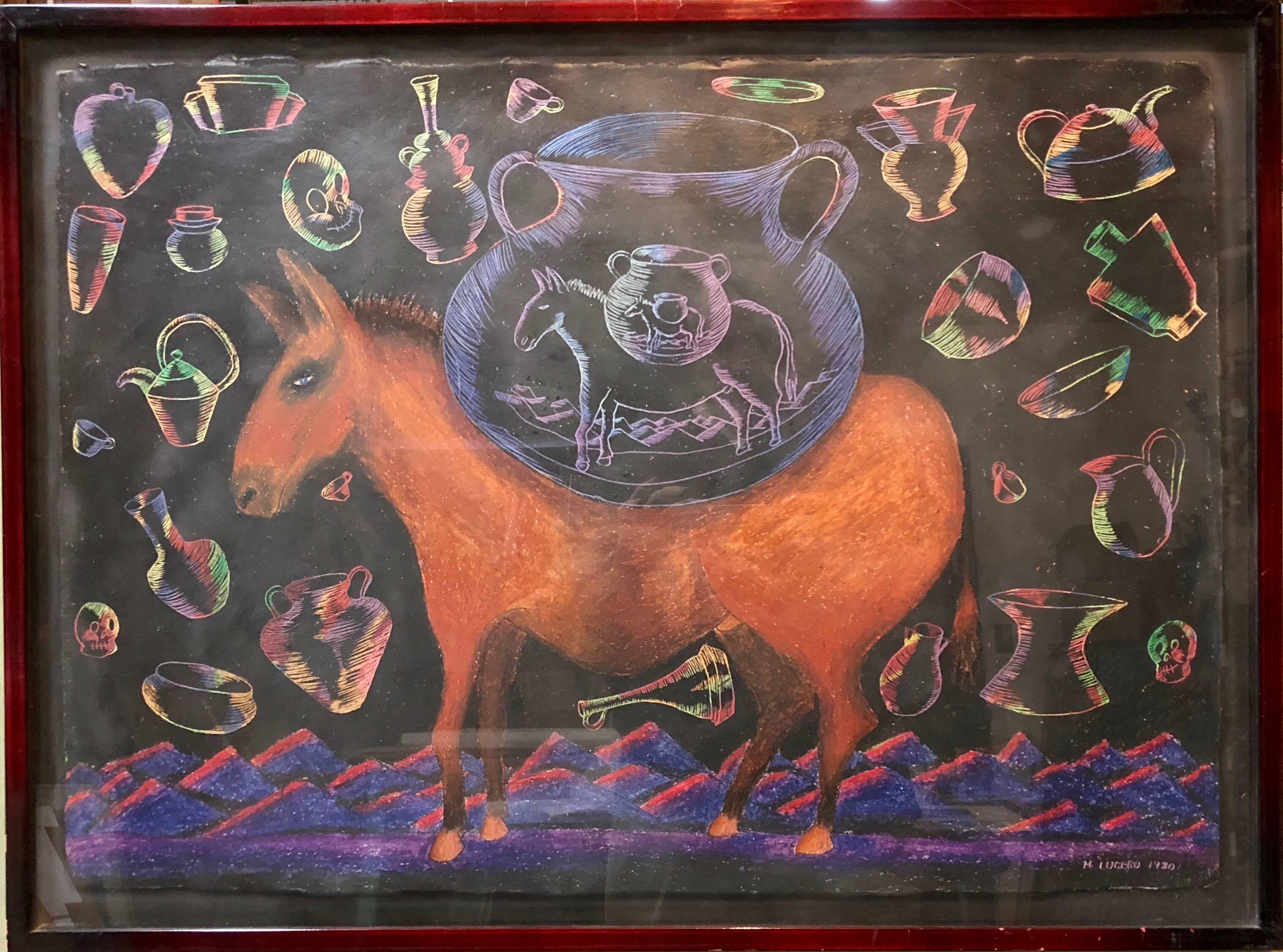 Farbige Zeichnung mit Keramik und Pferd Pop-Volkskunst 1980er Jahre  (Zeitgenössisch), Art, von Michael Lucero