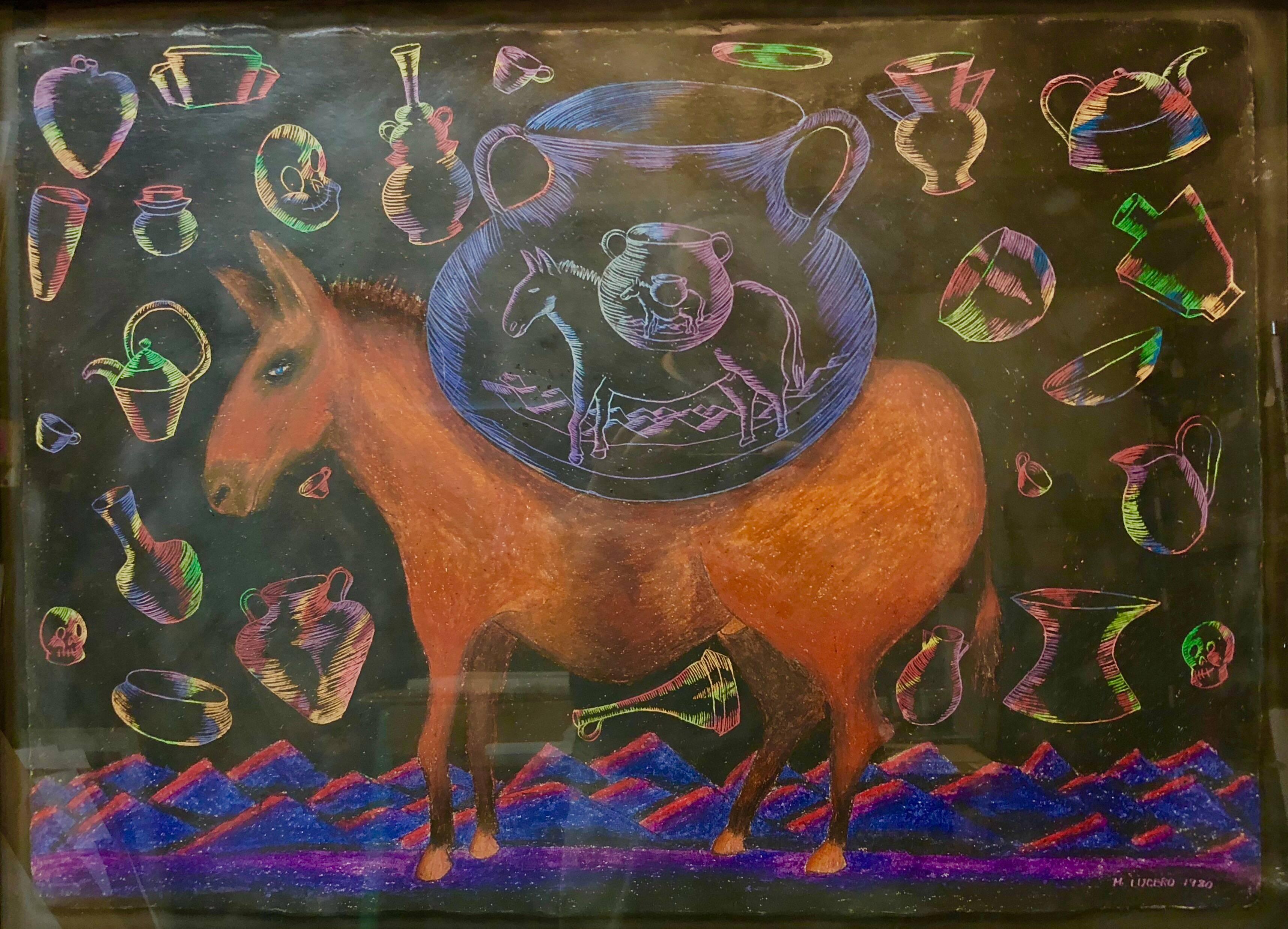 Farbige Zeichnung mit Keramik und Pferd Pop-Volkskunst 1980er Jahre  (Schwarz), Animal Art, von Michael Lucero