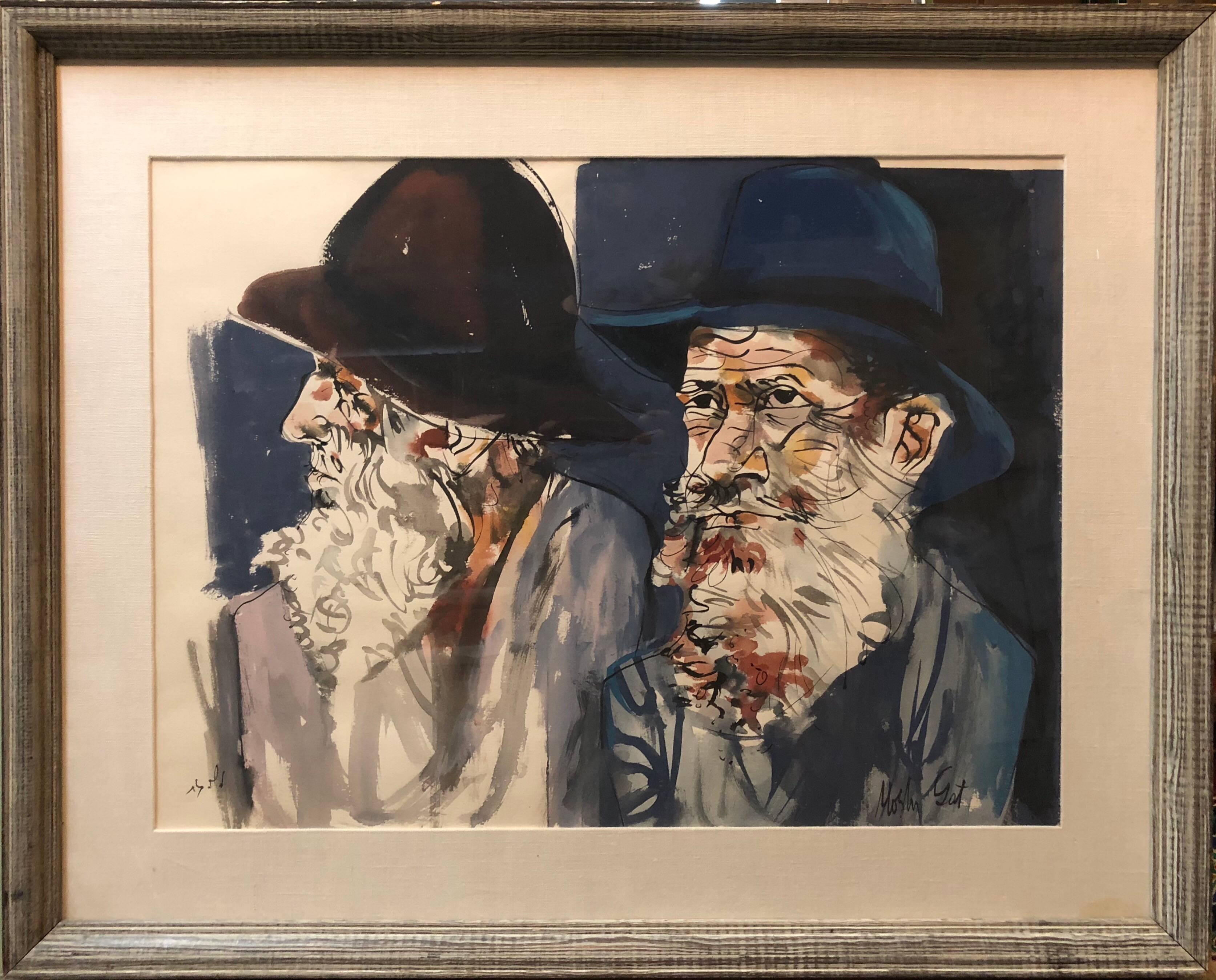 Figurative Art di Moshe Gat - Acquerello di grandi dimensioni Pittura israeliana modernista Judaica Due rabbini