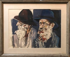 Large Watercolor Painting Israeli Modernist Judaica Two Rabbis