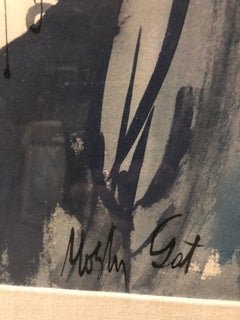 Large Watercolor Painting Israeli Modernist Judaica Two Rabbis