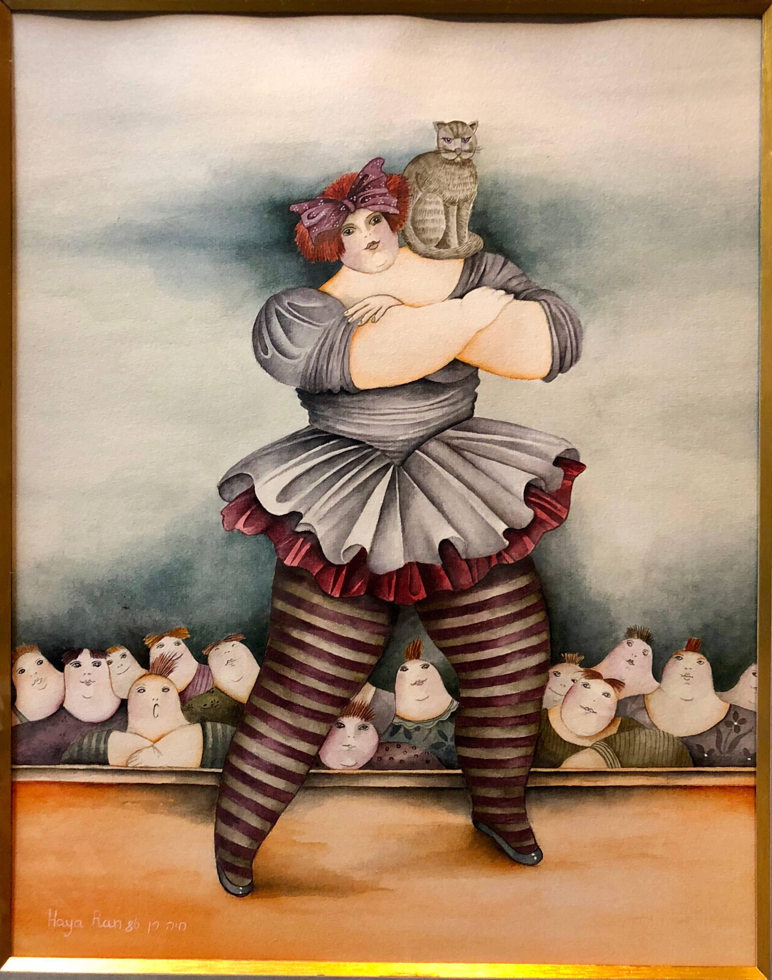 Haya Graetz Ran Figurative Art – Israelisches surrealistisches Gemälde, weiblicher Zirkuskünstler, Akrobat mit Katze