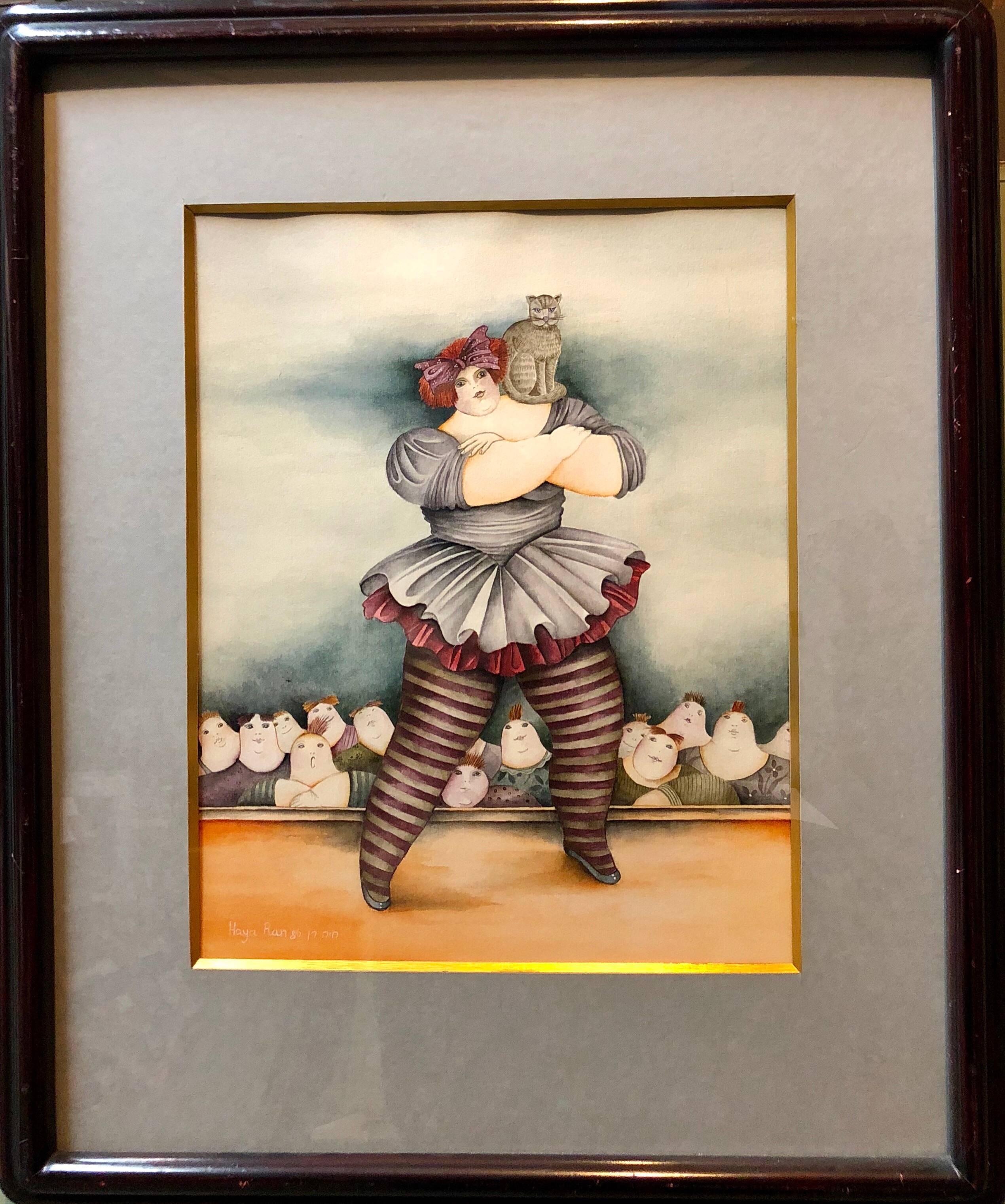 Peinture surréaliste israélienne d'un acrobate de cirque féminin avec chat - Art de Haya Graetz Ran