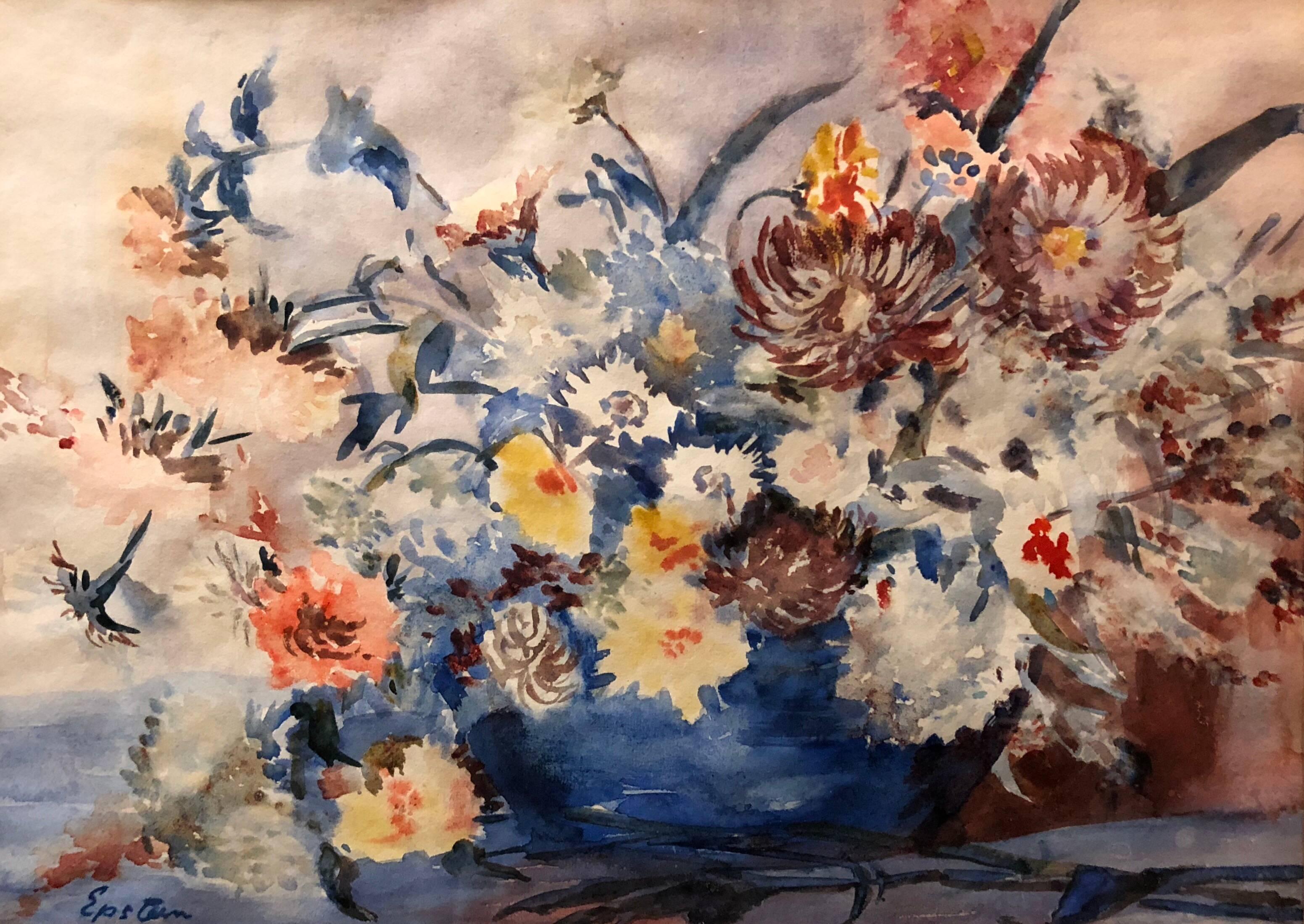 British Modernist Vibrant Watercolor Painting of Flowers