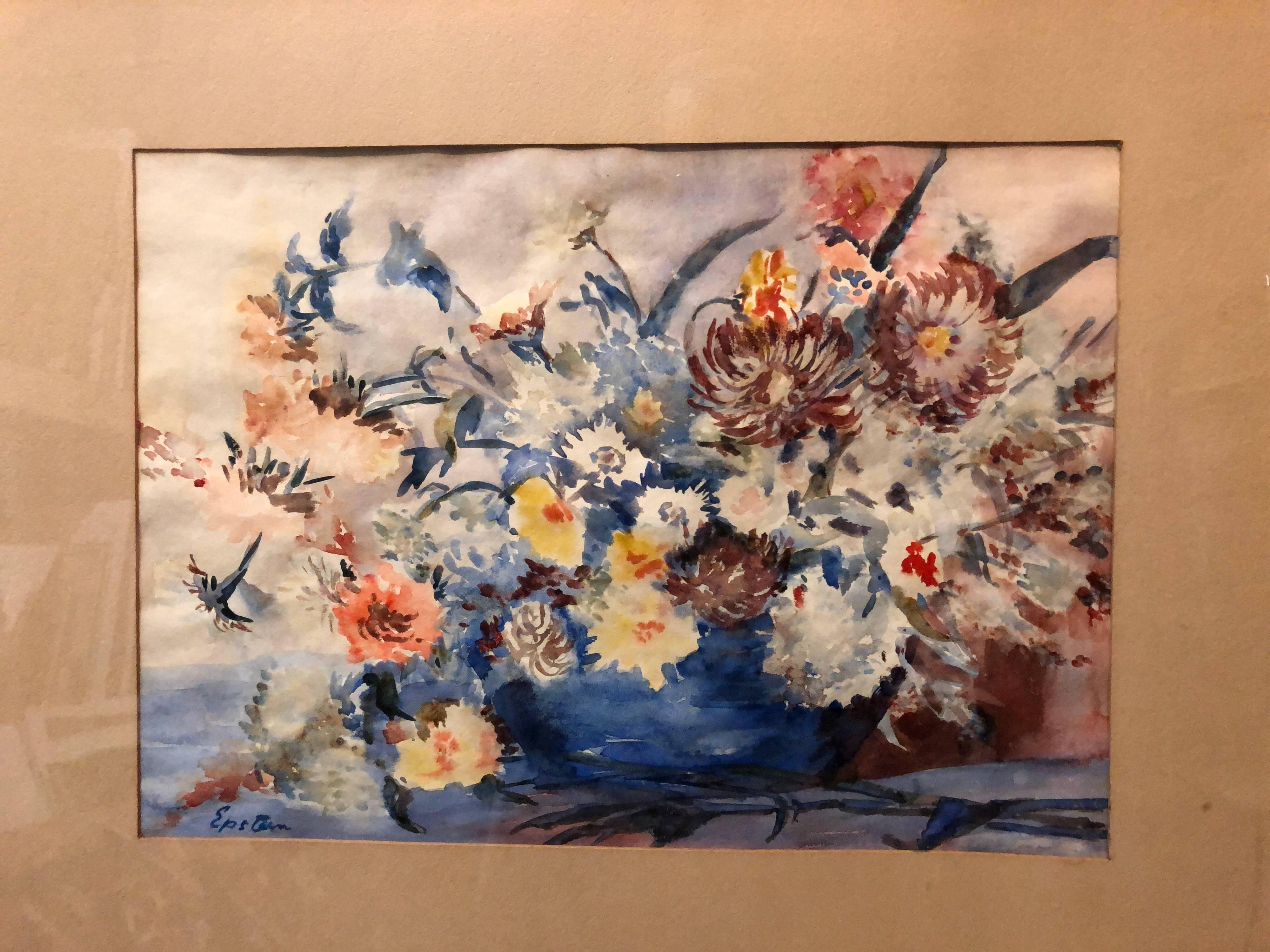 British Modernist Vibrant Watercolor Painting of Flowers - Brown Still-Life by Sir Jacob Epstein