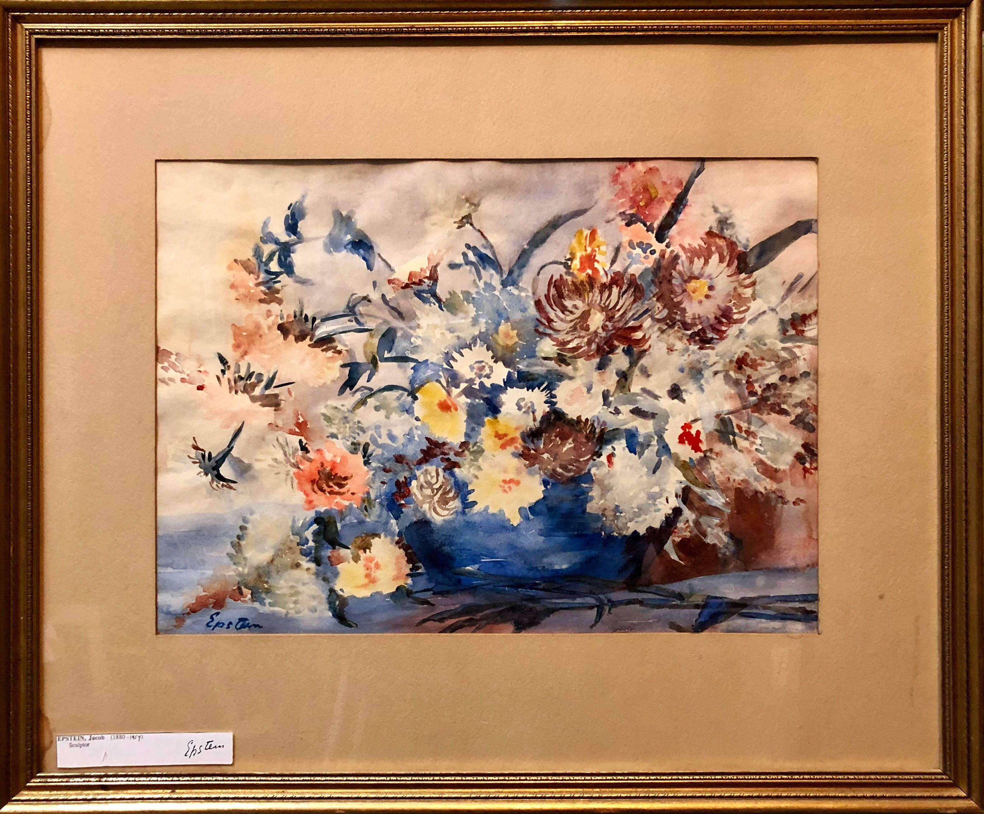 Peinture à l'aquarelle de fleurs moderniste britannique - Marron Still-Life par Sir Jacob Epstein