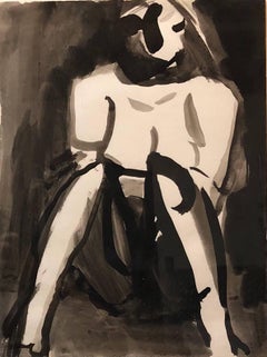 Abstract Figure Study of a Nude Woman Ink Watercolor Painting