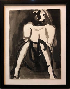 Abstract Figure Study of a Nude Woman Ink Watercolor Painting
