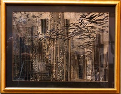 Seltene große Collage New York Cityscape Skyline Assemblage Gemälde