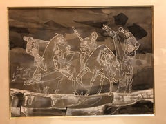 Grande peinture à la gouache Art Déco française « Quatre Chevaux d'Apocalypse »