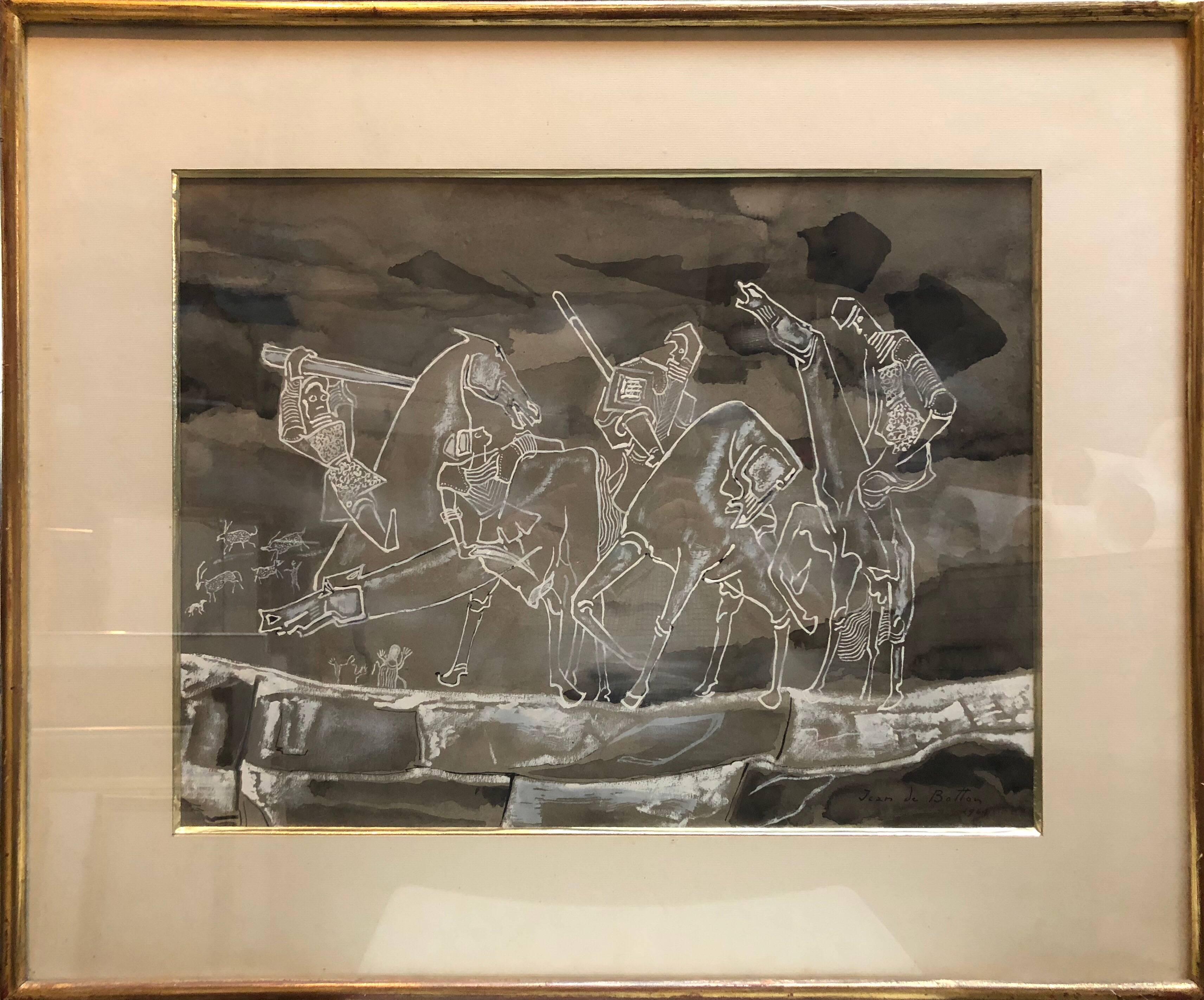 Large French Art Deco Four Horsemen of Apocalypse Watercolor Gouache Painting 2