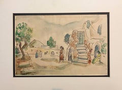 Old Yishuv, Israeli Watercolor Painting Modern Art Landscape