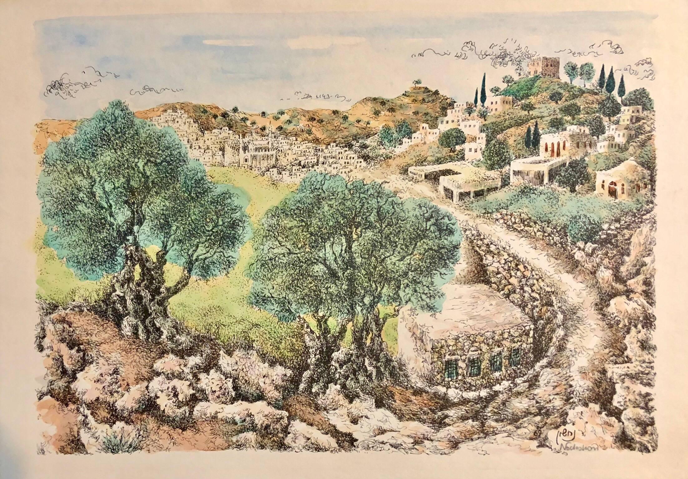 Baruch Nachshon Landscape Art – Hebron, 1967 Israelische Judaica, Aquarellgemälde mit Mischtechnik