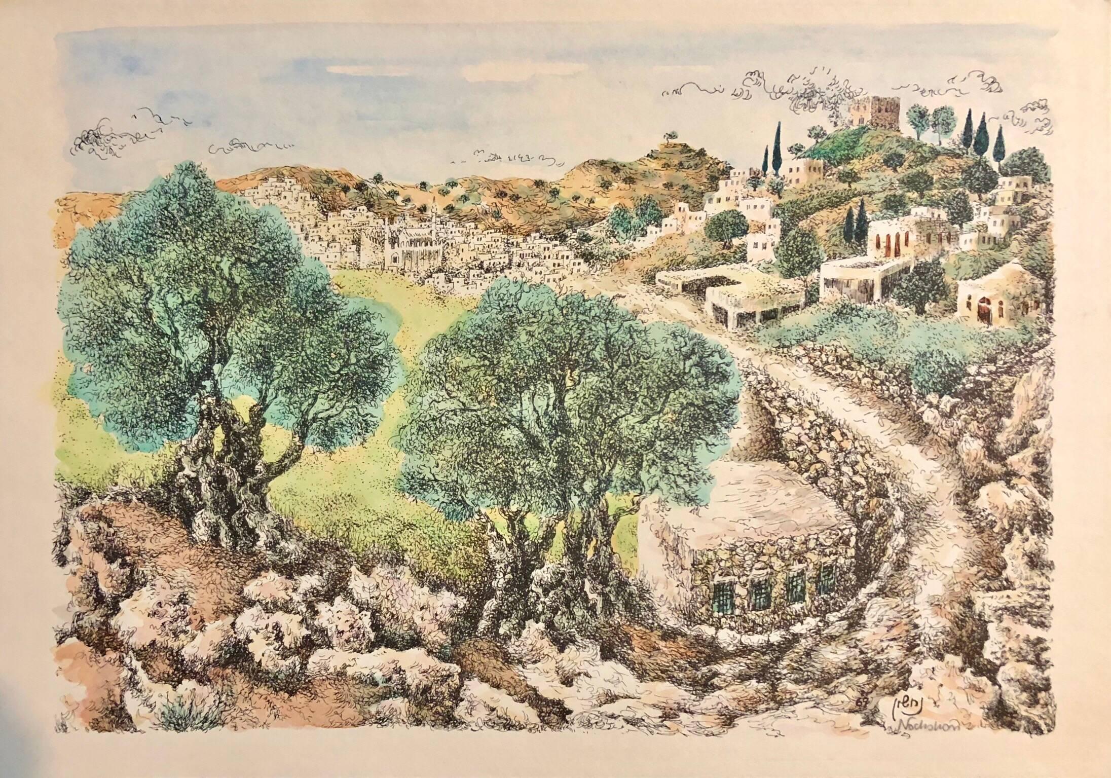 Hebron, 1967 Israeli Judaica Mixed Media Print Watercolor Painting - Art by Baruch Nachshon