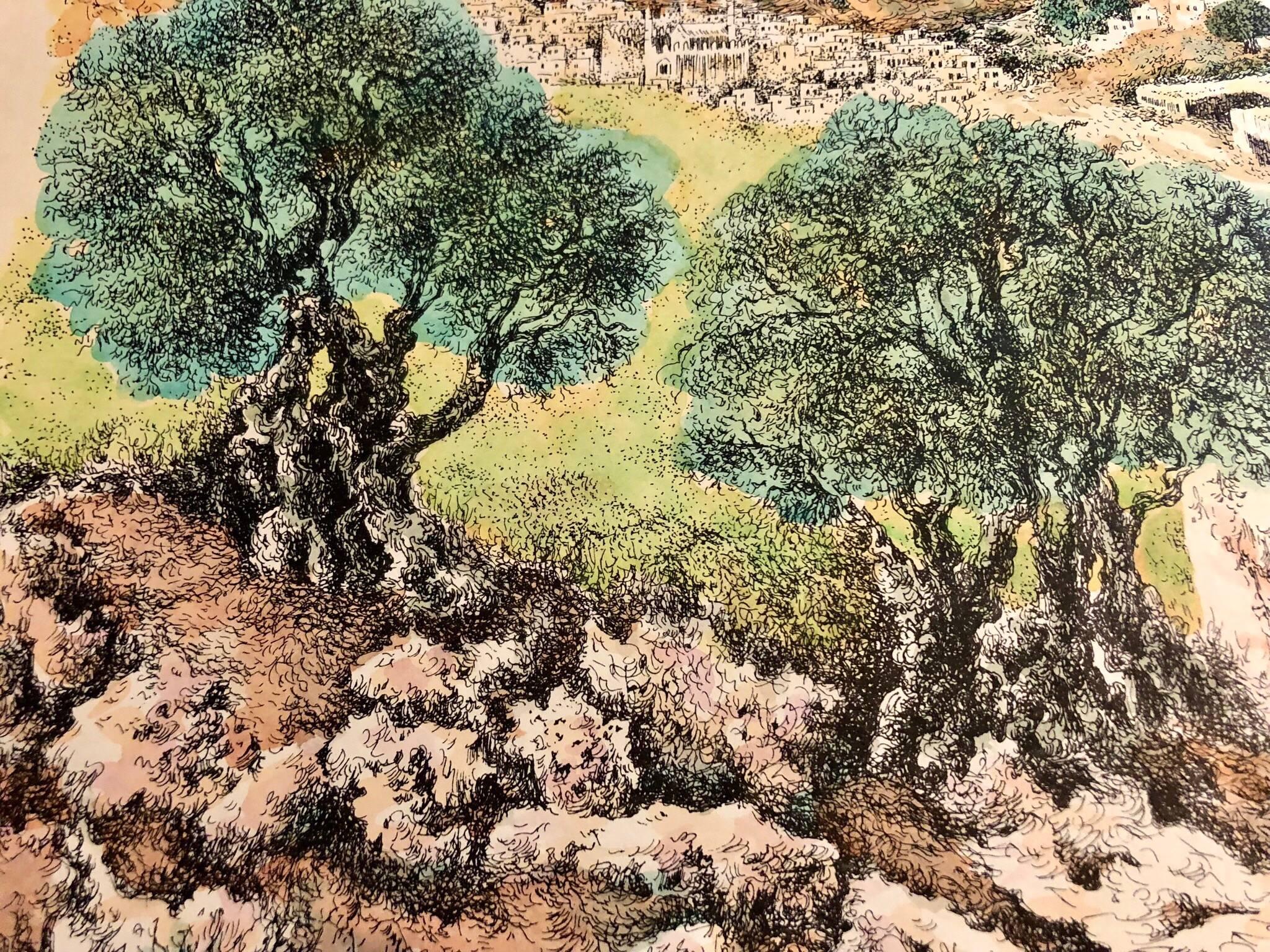 Hebron, 1967 Israeli Judaica Mixed Media Print Watercolor Painting - Modern Art by Baruch Nachshon